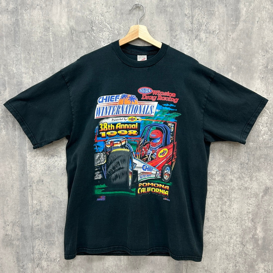 90s JERZEES NHRA Winston Drag Racing 1998 Tシャツ ジャージーズ 半袖 レーシング 車 古着 ビンテージ  ブラック XL