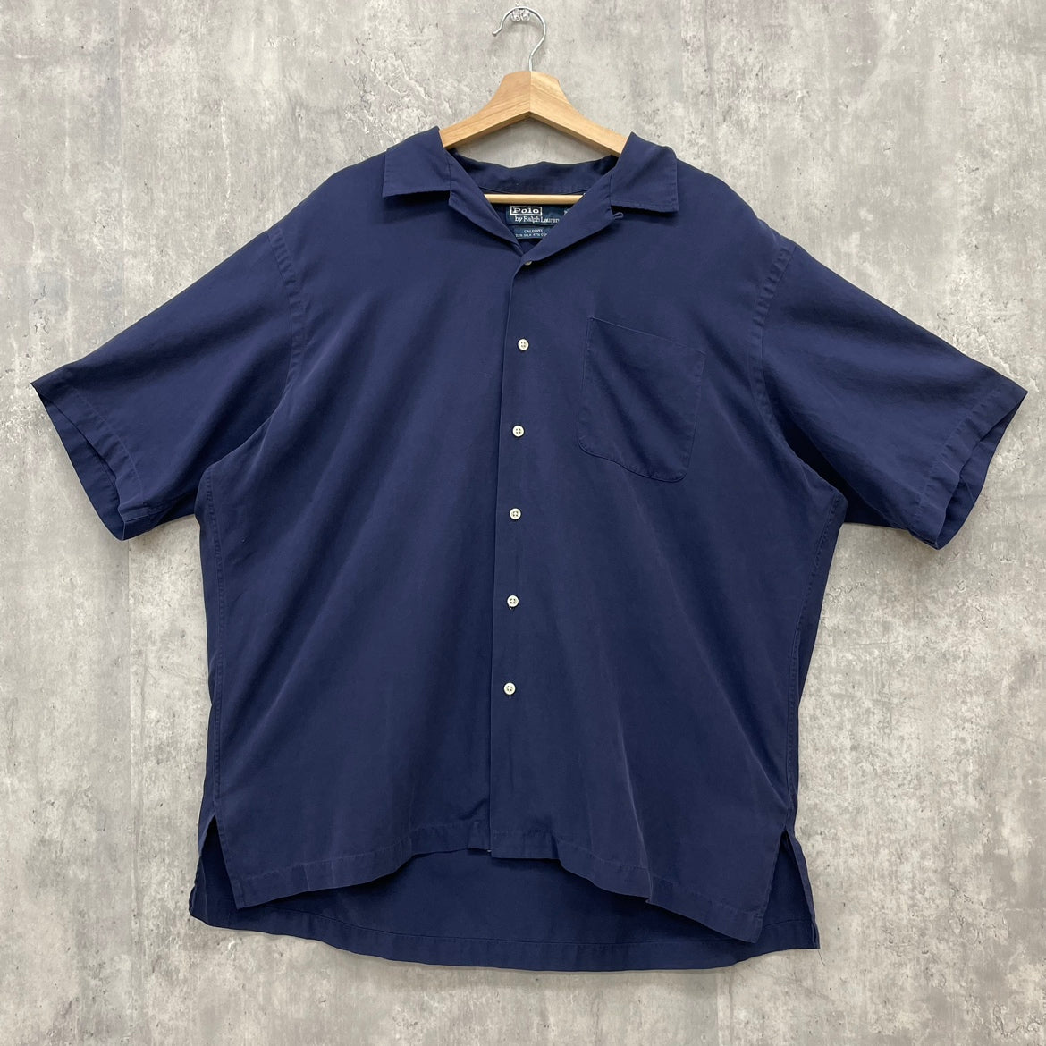 90s Polo by Ralph Lauren CALDWELL 開襟シャツ 無地 オープンカラー silk × cotton  ポロバイラルフローレン ネイビー 紺 半袖シャツ XL