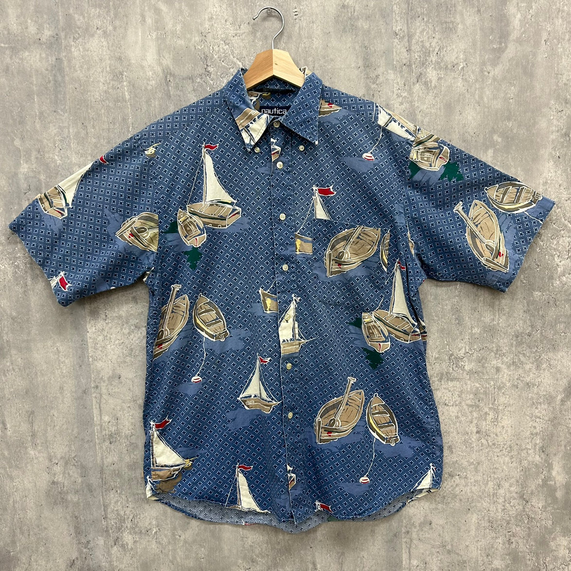 90s NAUTICA アロハシャツ ノーティカ 船 総柄 半袖シャツ 古着 ビンテージ ブルー M