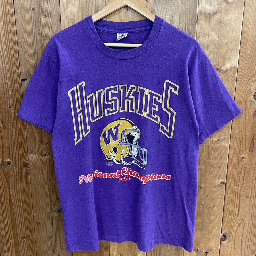 90s vintage USA製 FRUIT OF THE ROOM フルーツオブザルーム Washington Huskies football  ワシントンハスキー プリントTシャツ フットボール 半袖