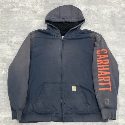 00s Carhartt カーハート フルジップパーカー インナーフリース アームロゴ サンフェード 雰囲気 ネイビー XL