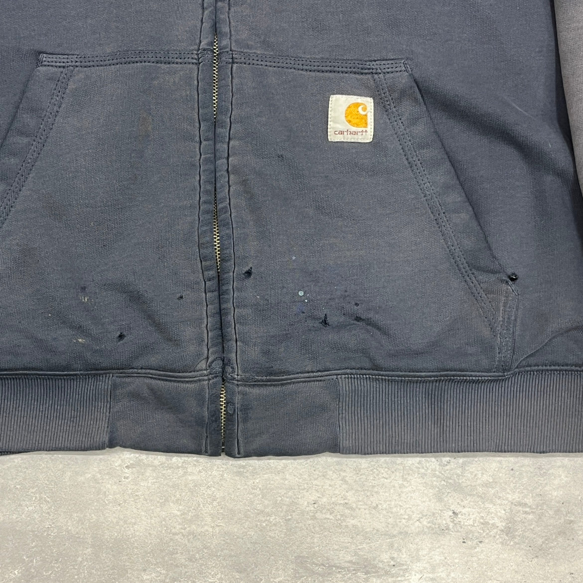 00s Carhartt カーハート フルジップパーカー インナーフリース アームロゴ サンフェード 雰囲気 ネイビー XL