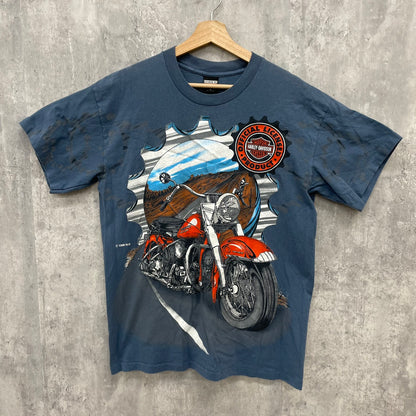 95s USA製 HARLEY-DAVIDSON ハーレーダビッドソン バイク ビッグプリント アメリカン 半袖 Tシャツ 古着 ビンテージ ネイビー M