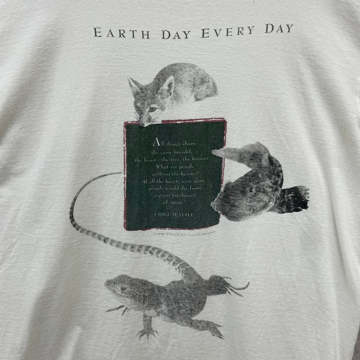 90s HIGGINS NATURAL "EARTH DAY EVERY DAY" アートT アニマル 動物 1993 半袖 Tシャツ 古着 ビンテージ 白 XL相当