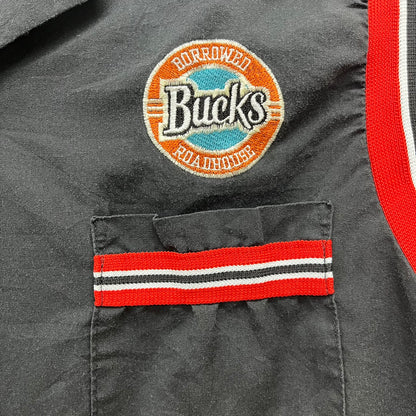 90s USA製 HILTON ボーリングシャツ Bucks 半袖 ヒルトン 刺繍 開襟シャツ オープンカラー ブラック 黒 L