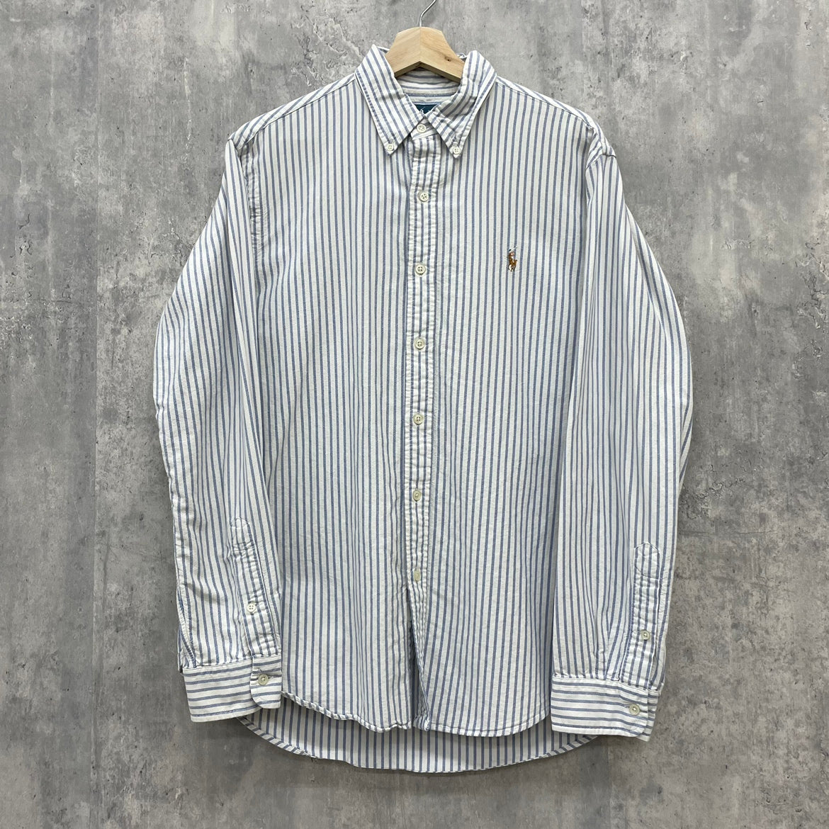 90s POLO Ralph Lauren 長袖シャツ ラルフローレン ワンポイント ロゴ 刺しゅう 古着 ビンテージ ブルー ストライプ L