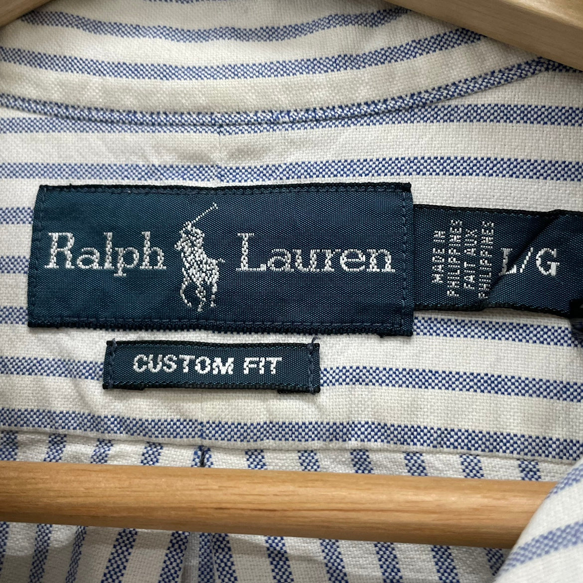 90s POLO Ralph Lauren 長袖シャツ ラルフローレン ワンポイント ロゴ 刺しゅう 古着 ビンテージ ブルー ストライプ L