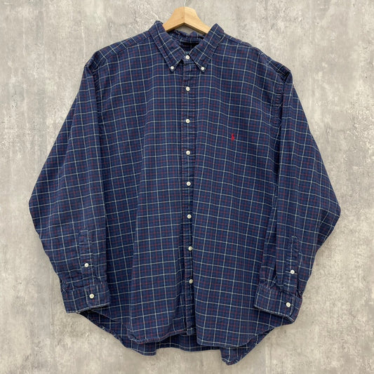 90s POLO Ralph Lauren 長袖シャツ CLASSIC FIT ラルフローレン ワンポイント チェックシャツ ロゴ 刺しゅう 古着 ビンテージ ネイビー 3XL