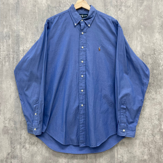 90s POLO Ralph Lauren 長袖シャツ ラルフローレン ワンポイント ロゴ 刺しゅう 古着 ビンテージ ブルー XL相当