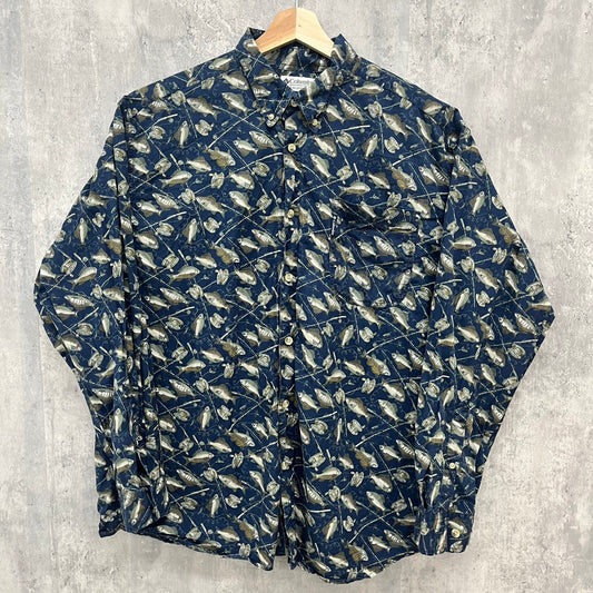 90s Columbia Fishing Fish 長袖シャツ コロンビア 総柄シャツ BDシャツ フィッシング 古着 ビンテージ XL