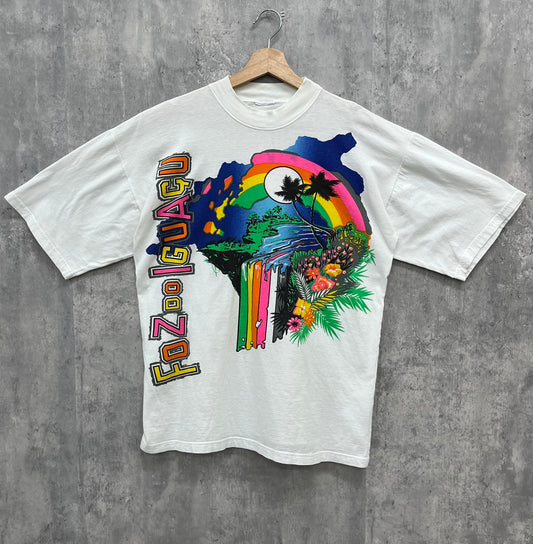 FOZOOIGUACU スーベニアTシャツ 半袖 お土産 記念品 イラスト アート 古着 ビンテージ ホワイト L相当