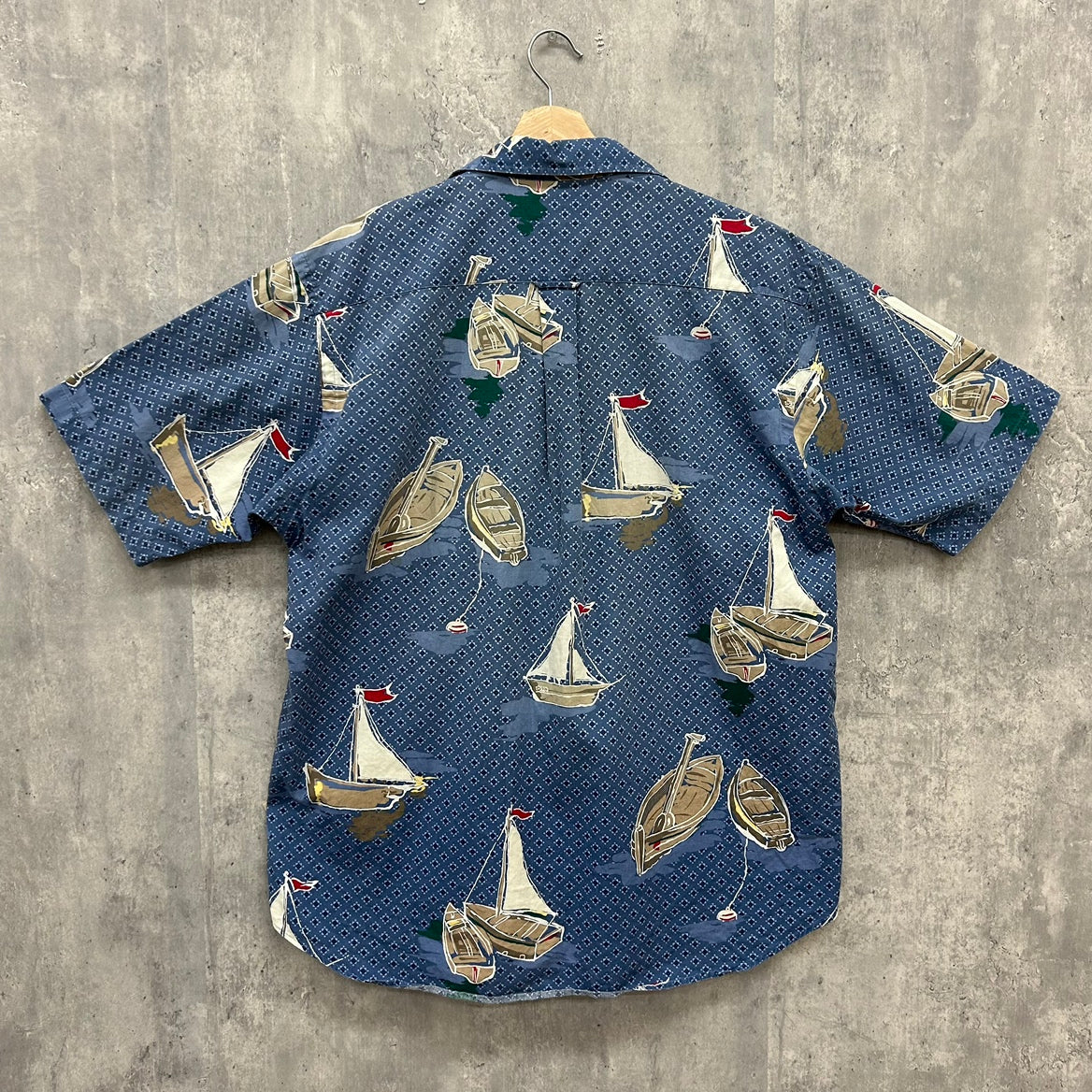 90s NAUTICA アロハシャツ ノーティカ 船 総柄 半袖シャツ 古着 ビンテージ ブルー M