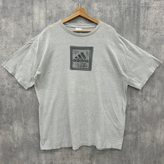 90s USA製 adidas ロゴTシャツ ボックスロゴ アディダス ビッグサイズ 半袖 made in usa 古着 ビンテージ グレー XL