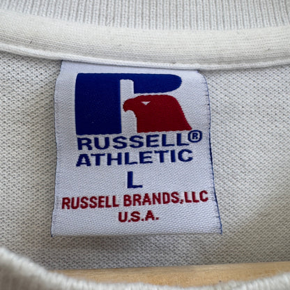 RUSSELL ATHLETIC ラッセル ヘンリーネック ポロシャツ 白 袖ワンポイント刺繍 サイズL 古着