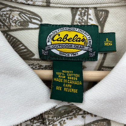 Cabelas ポロシャツ カベラス 半袖 総柄 魚 古着 ビンテージ ベージュ L