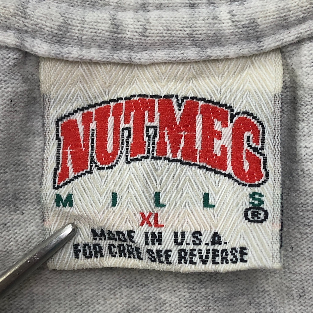 90s vintage USA製 NUTMEG MILLS ナツメグミルズ UNIVERSITY OF MIAMI マイアミ大学 リーグ 1991  アメフト Tシャツ 半袖 カットソー ビックプリント 刺繍