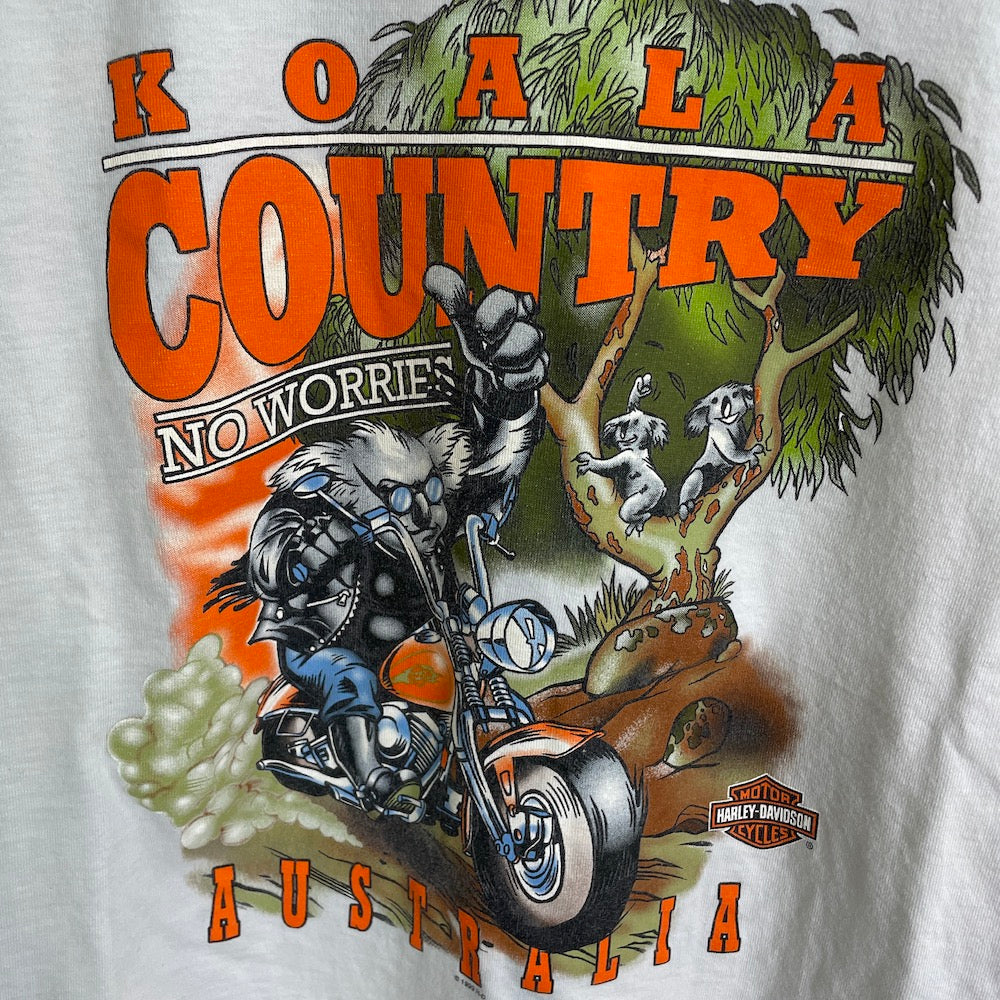 90s vintage HARLEY DAVIDSON ハーレーダビッドソン KOALA COUNTRY コアラ FRASER バイク プリント  Tシャツ 半袖 カットソー