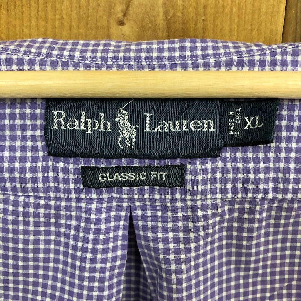 90s vintage Ralph Lauren ラルフローレン CLASSIC FIT 長袖シャツ BDシャツ ボタンダウン ギンガムチェック  ワンポイント刺繍 パープル、ホワイト