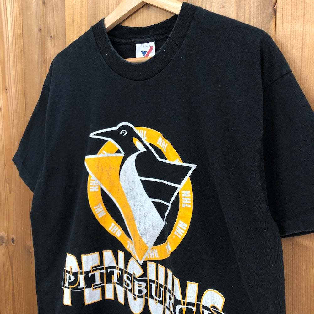 90s USA製 人気 黒 ■ NHL オフィシャル ペンギンズ プリント 半袖